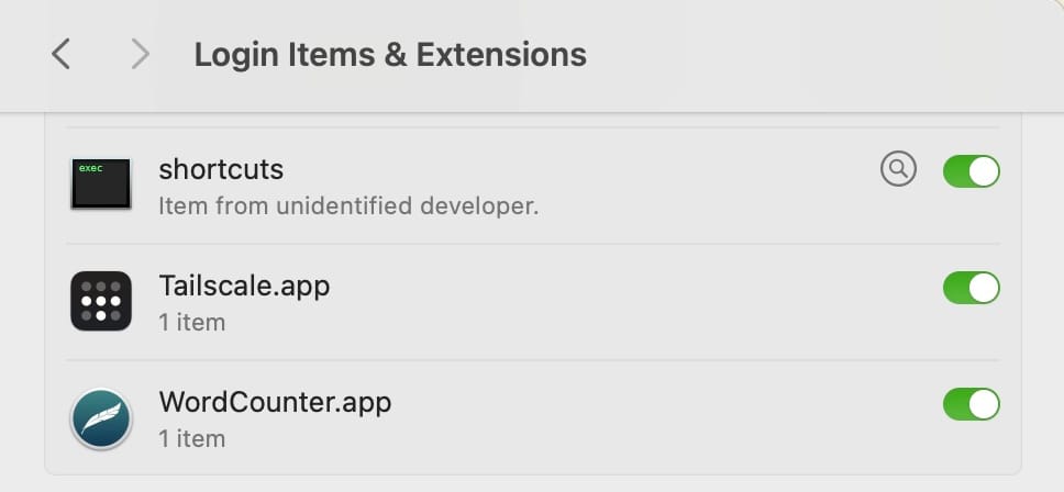 In System Settings Login Items & Extensions shows your new shortcut launcher.